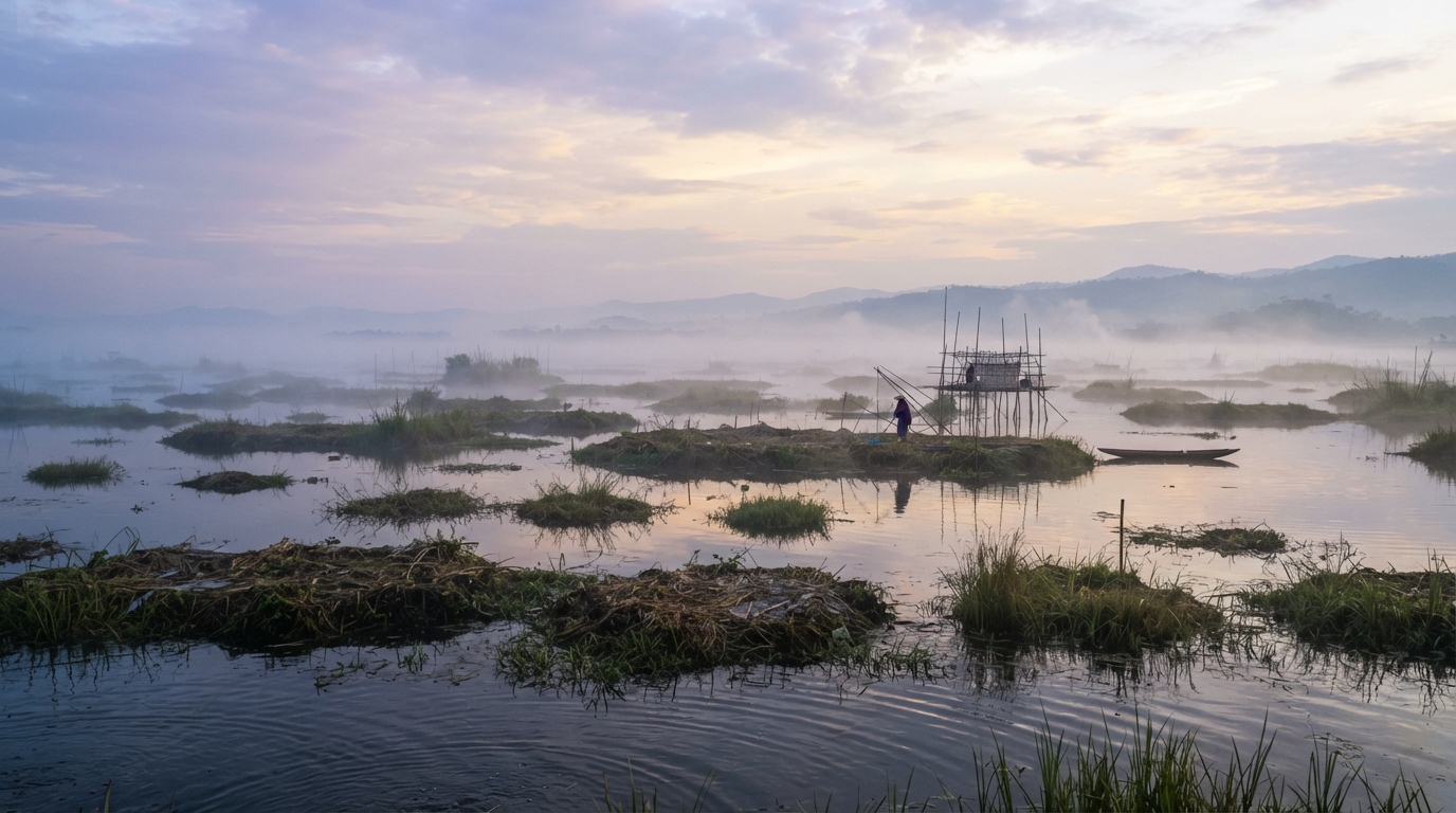 Floating phumdi vegetation islands drifting on misty Loktak Lake, Manipur at sunrise