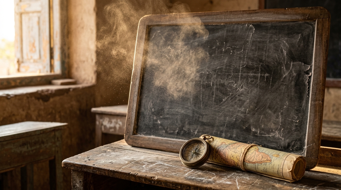 Antique chalkboard with a brass compass and rolled map representing Indian history education.