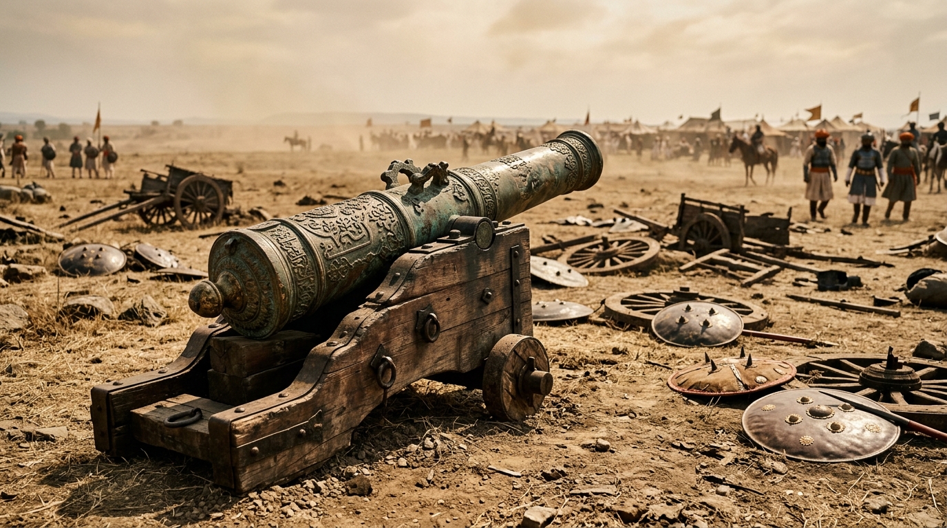 A 16th-century bronze cannon on dusty plains representing the First Battle of Panipat.