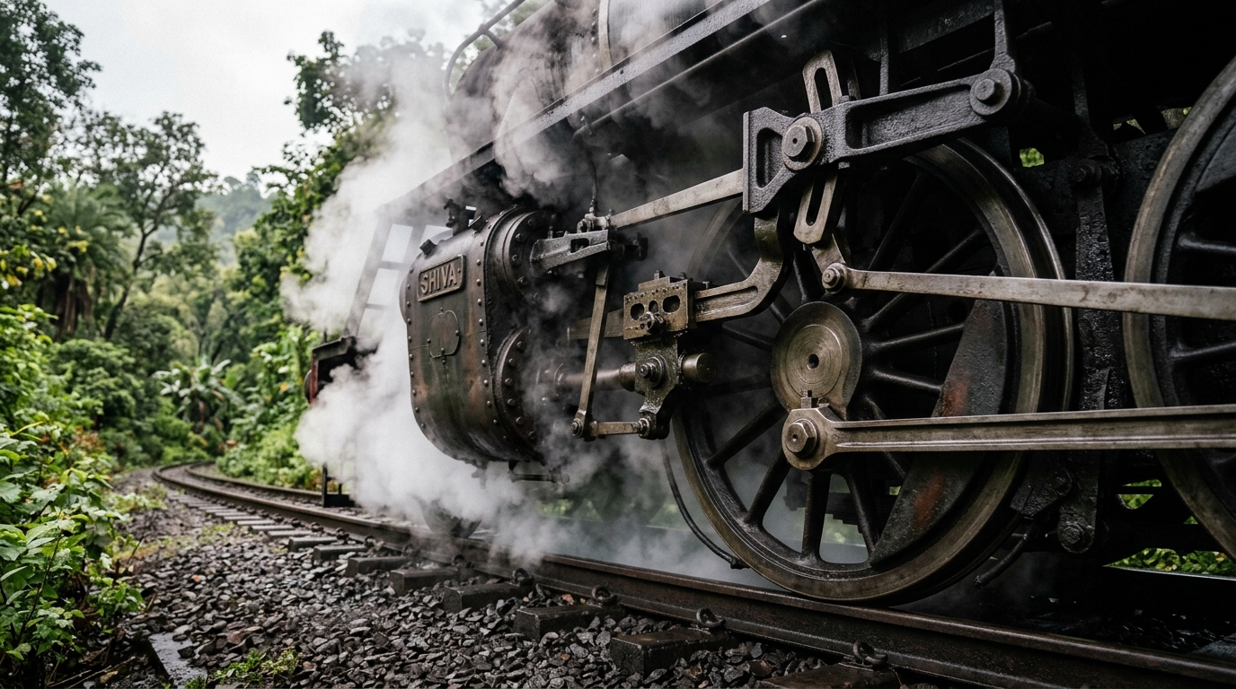 Close-up of vintage steam locomotive wheels representing India's first railway line in April.
