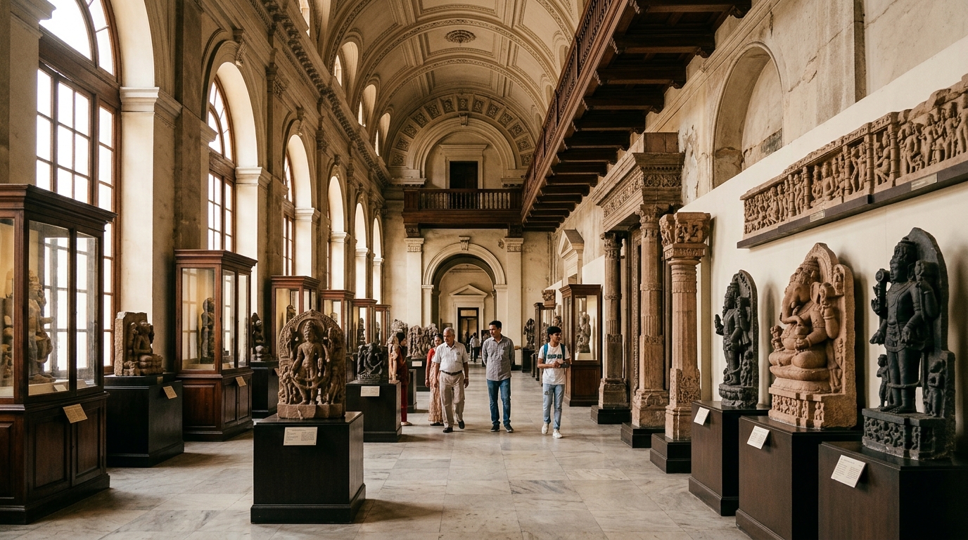 Grand interior corridor of the Indian Museum preserving historical artifacts and ancient stone sculptures.