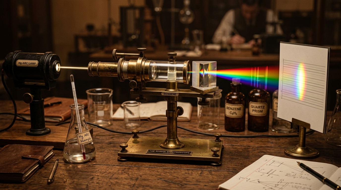 Vintage brass spectroscope and glass prisms demonstrating the Raman Effect in a historic lab.