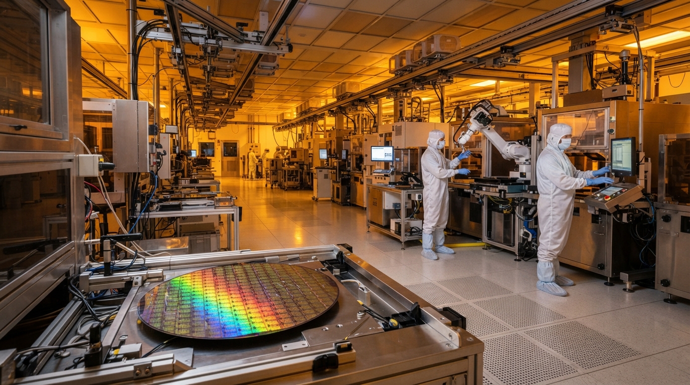 A modern semiconductor fabrication cleanroom showing silicon wafers and automated manufacturing equipment in India.