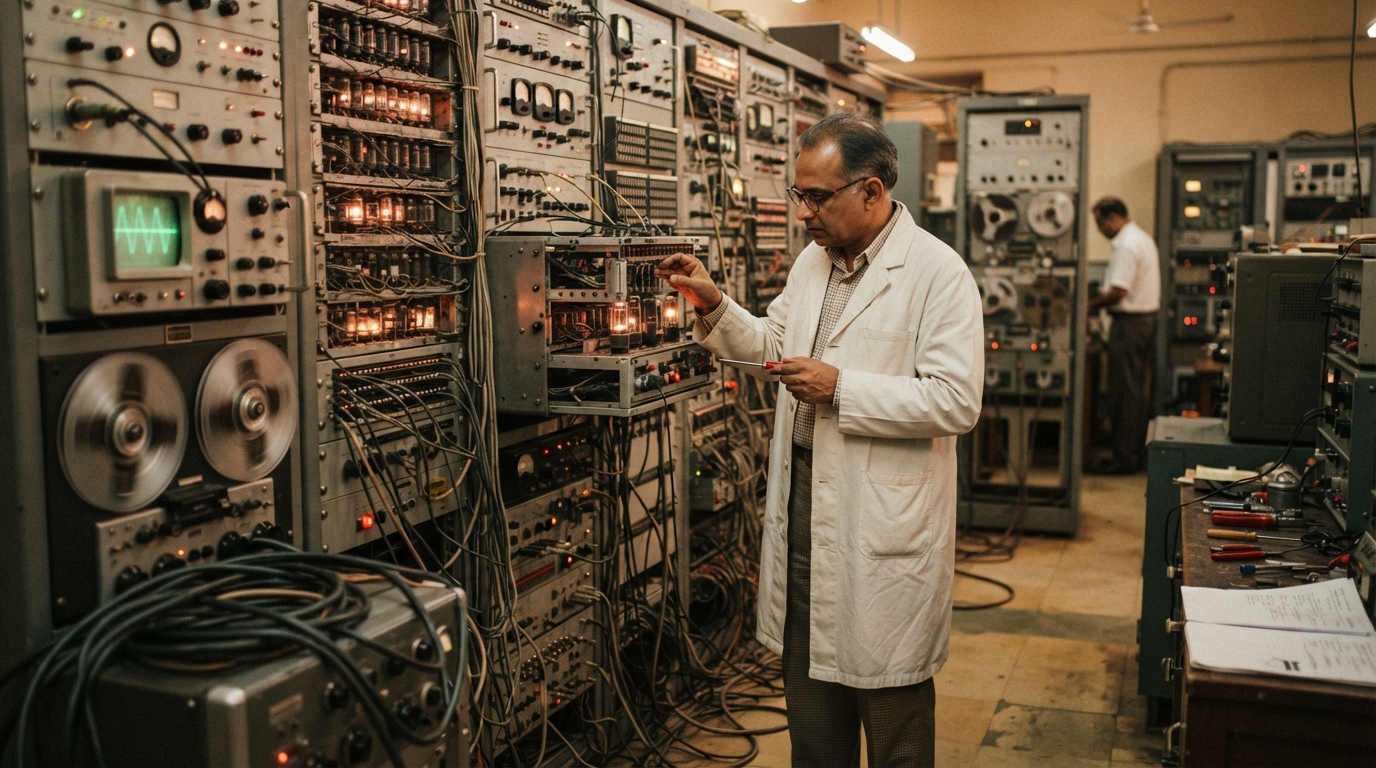 Vintage indigenous Indian mainframe computing hardware with vacuum tubes and magnetic core memory racks.