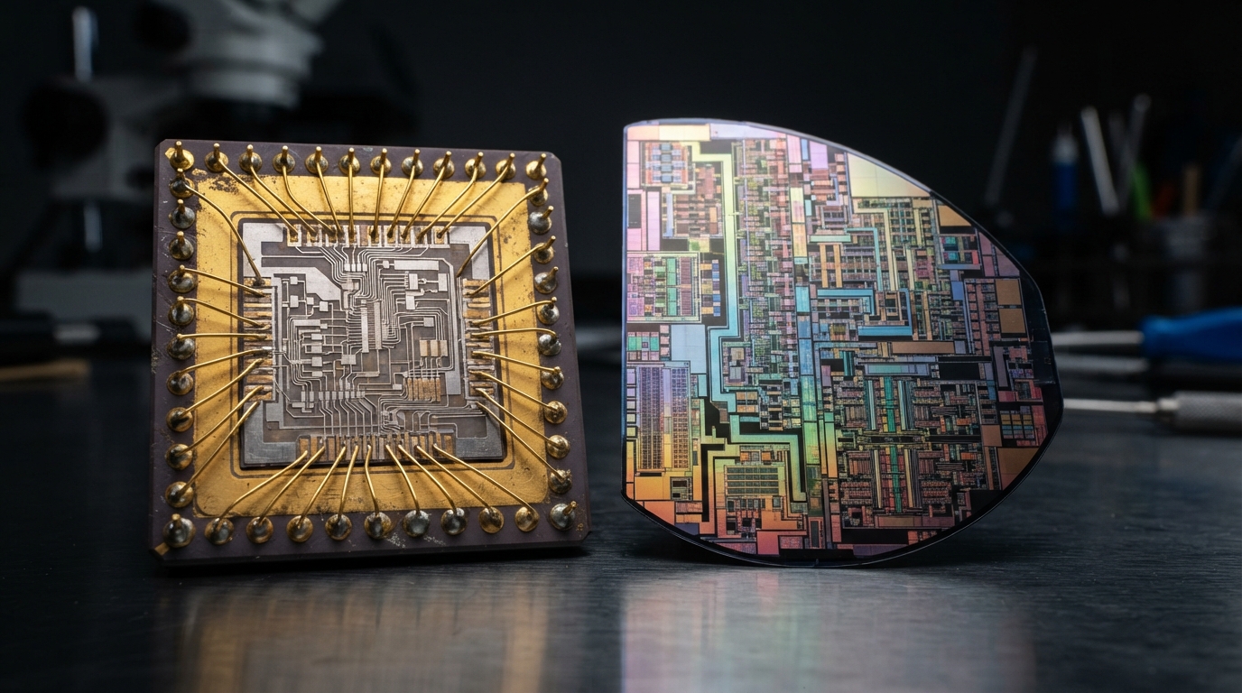 Macro view of microchip circuitry showing India's evolution from vintage silicon dies to advanced nodes.