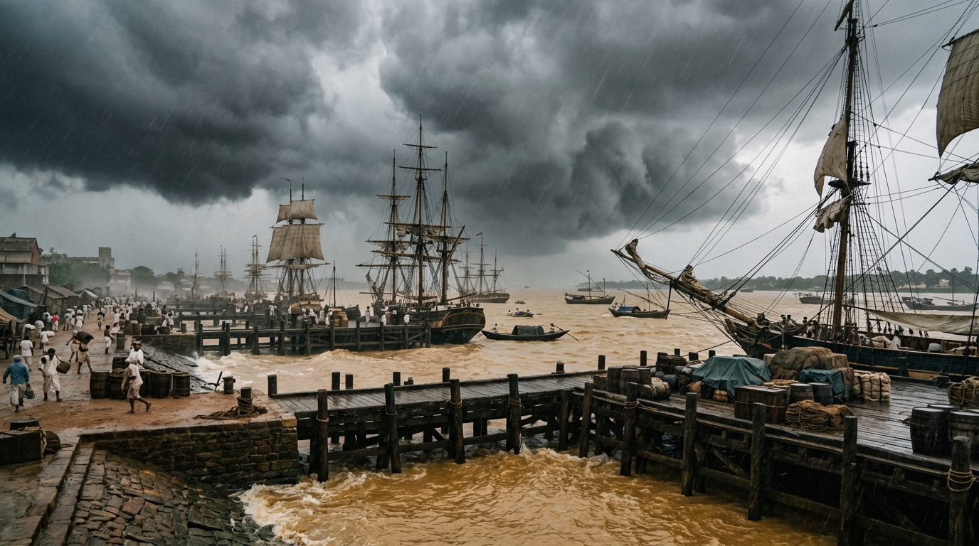 Dark storm clouds gathering over 19th-century wooden ships representing the 1864 Calcutta cyclone.