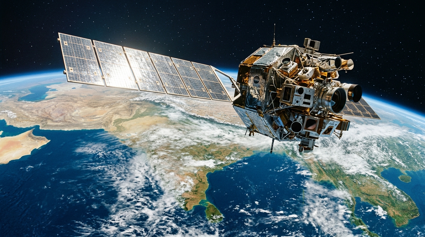 INSAT weather satellite orbiting above the Indian subcontinent tracking monsoon cloud formations.