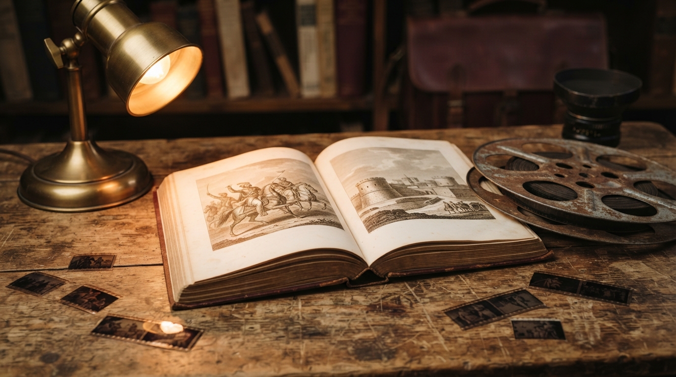 Old film reel beside an open history book showing Indian historical engravings on a wooden table