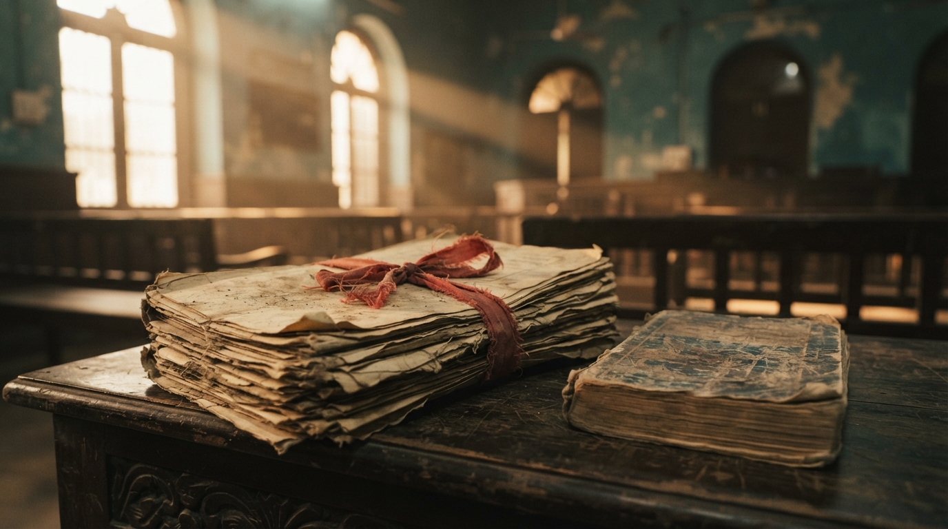 Yellowed colonial court records and a vintage novel resting on a historic Indian courtroom bench