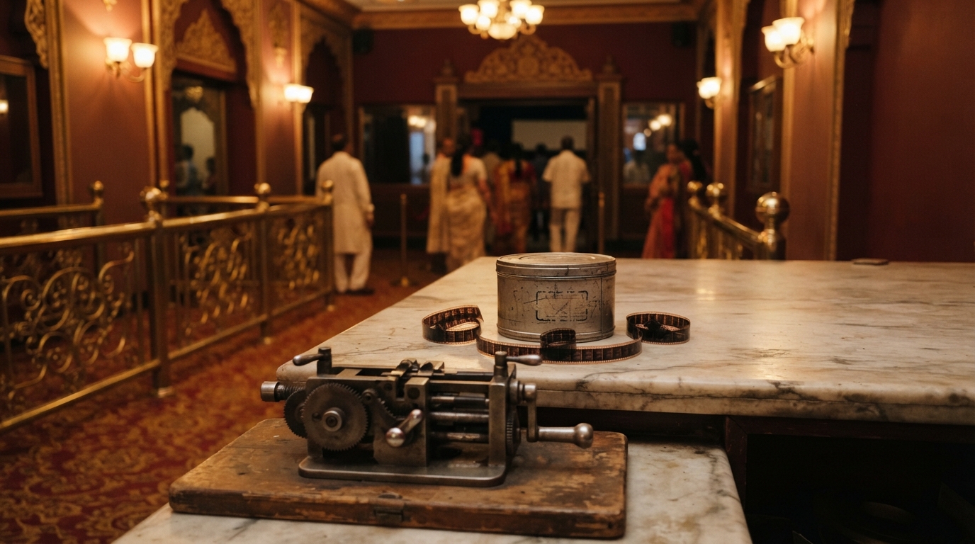 Censored film canister and cut celluloid strips in a traditional Indian cinema lobby at dusk