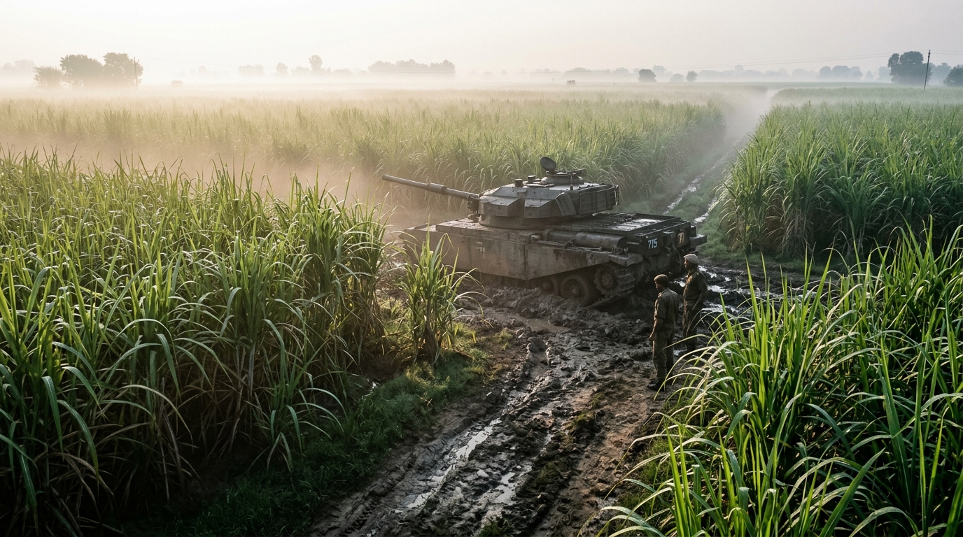 Vintage 1960s tank stuck in a muddy sugarcane field during the 1965 Indo-Pak war.