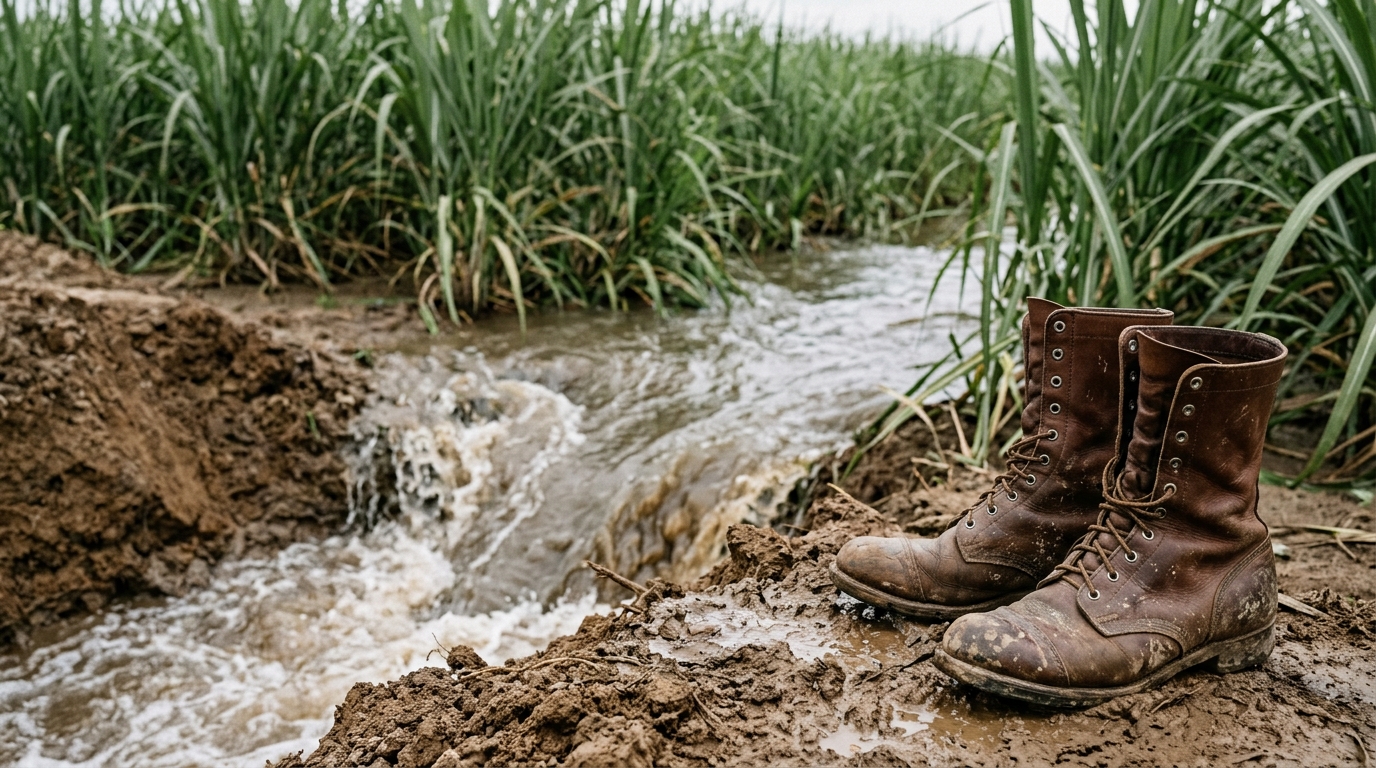Tactical flooding of a canal into a sugarcane field for military defense in 1965.
