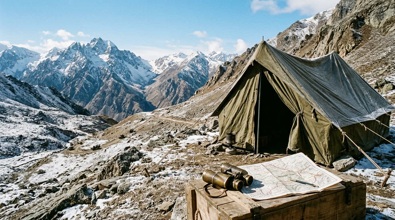 Vintage military outpost tent and binoculars at the high-altitude Haji Pir Pass in Kashmir.