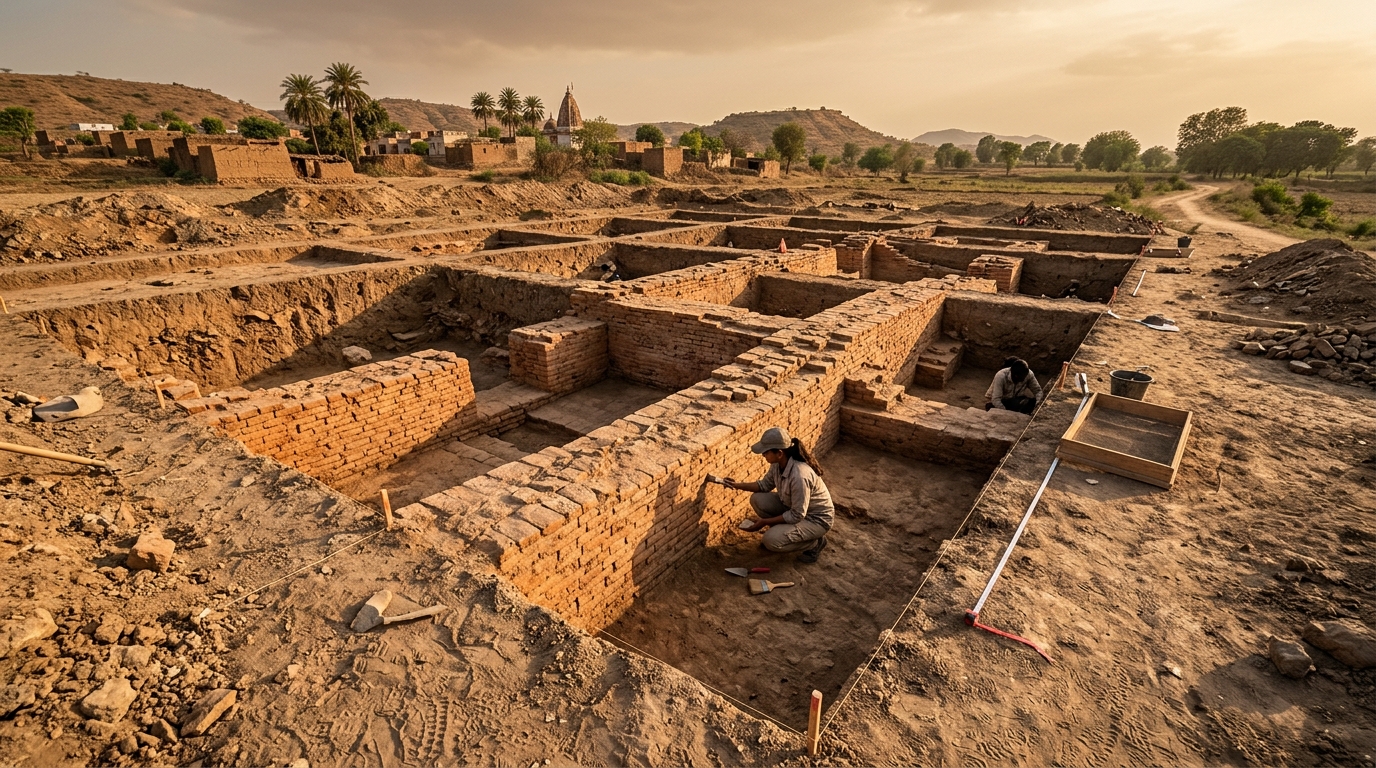 Ancient terracotta brick walls being excavated at an Indian archaeological dig site.