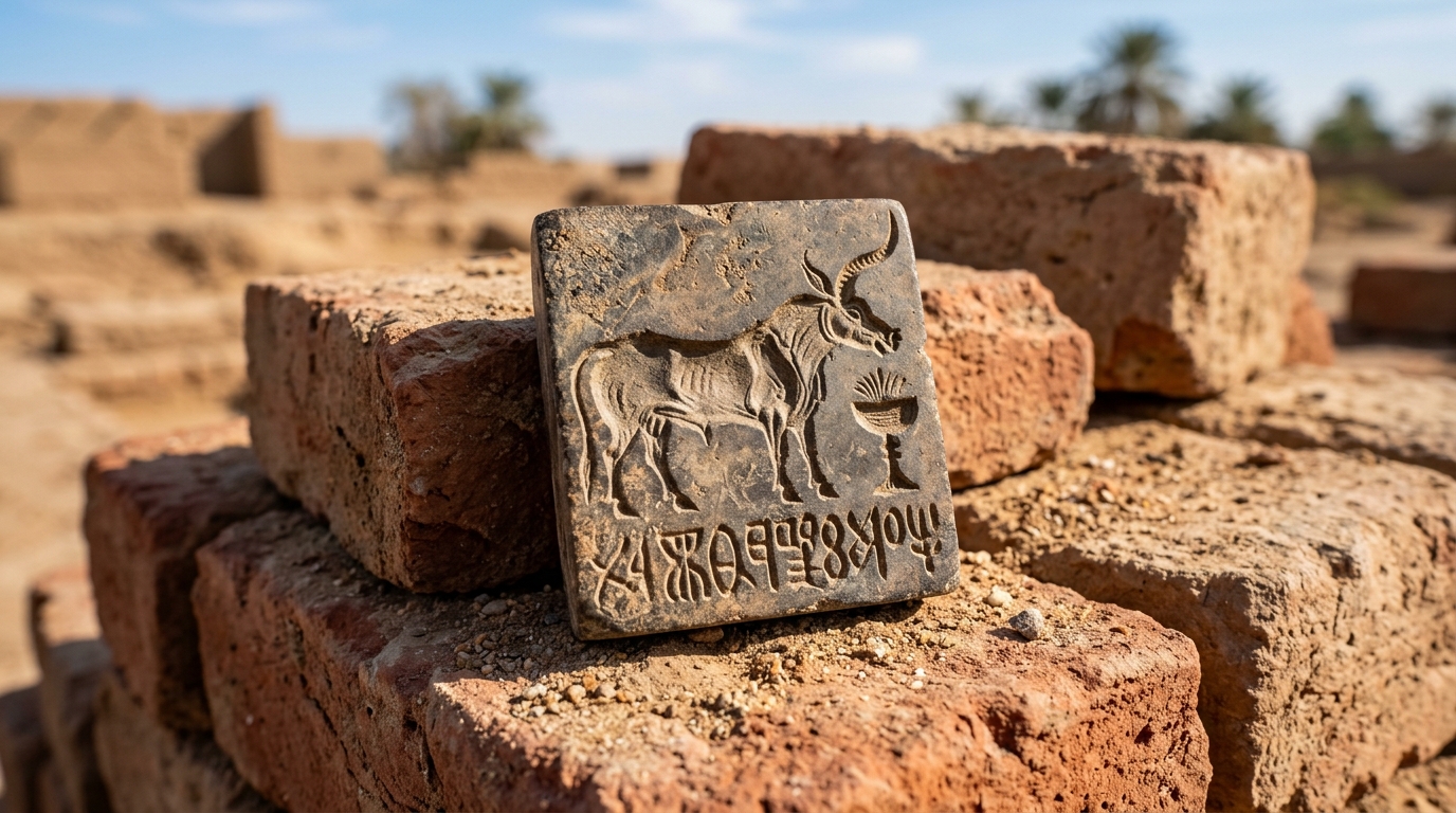 Close-up of an ancient Harappan stone seal resting on baked clay bricks.
