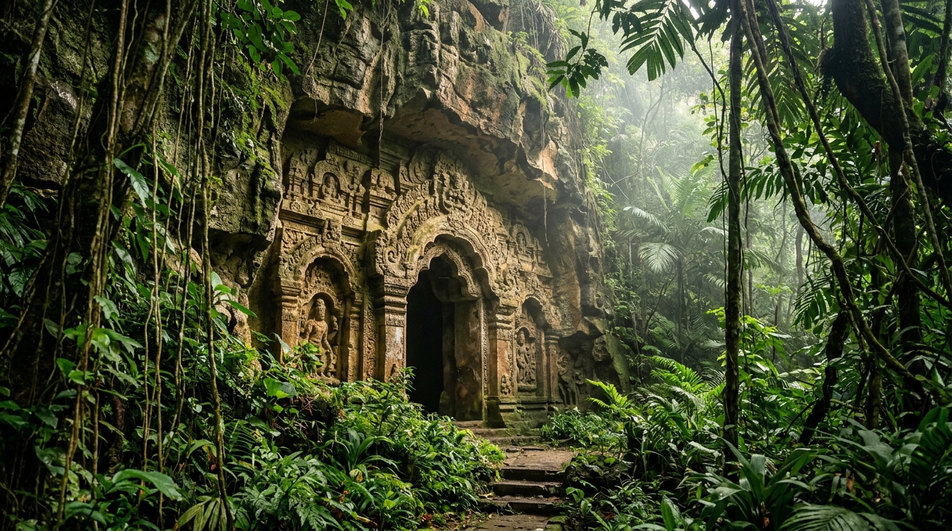 Ornate rock-cut entrance of the Ajanta Caves hidden behind dense jungle foliage.