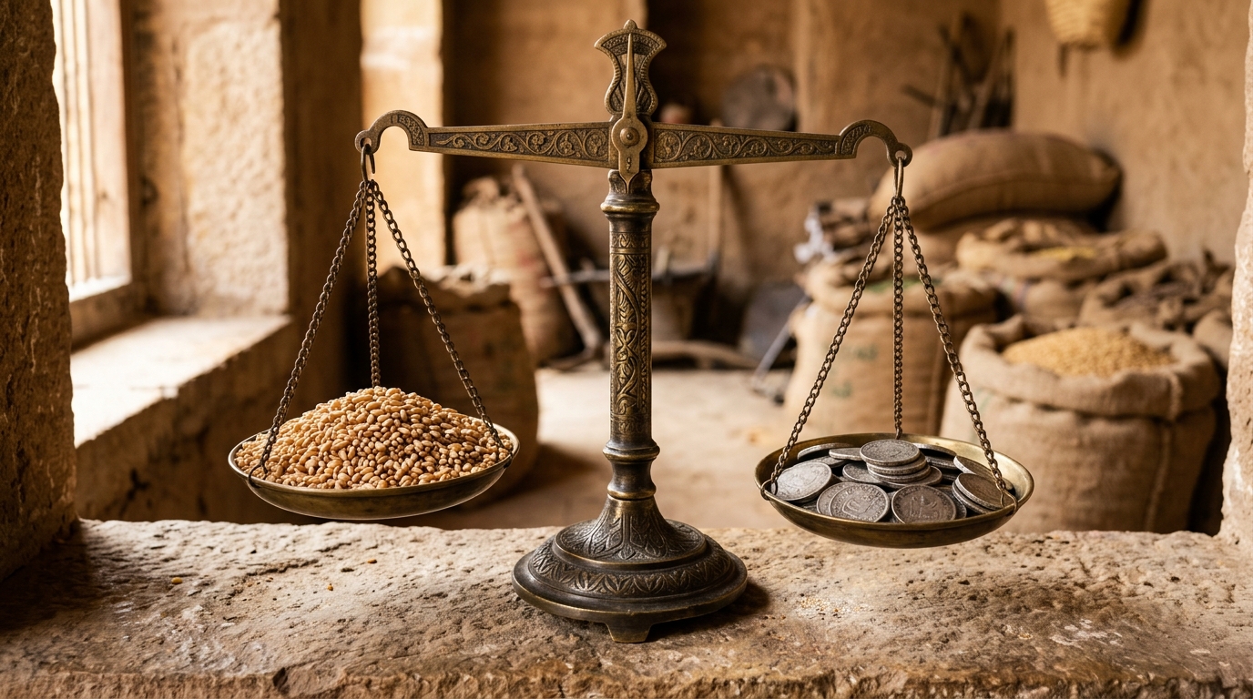 Brass weighing scale balancing wheat grains and silver coins representing agrarian wealth.