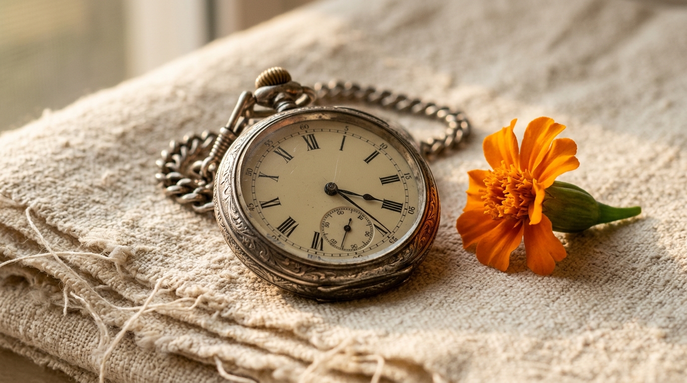 Antique pocket watch showing 5:17 on white khadi cloth with an orange marigold flower.