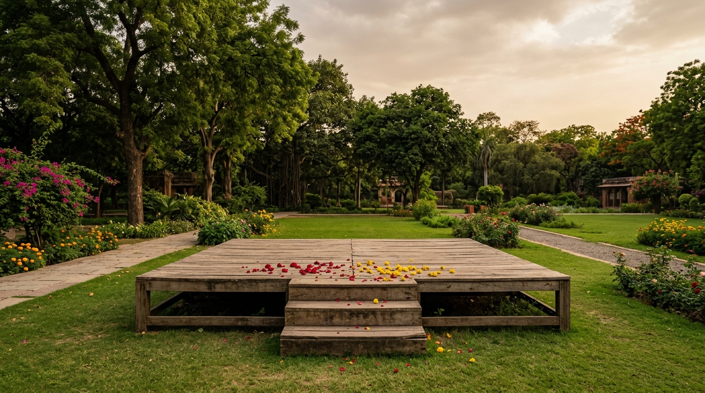 Empty raised wooden platform in a peaceful garden with scattered flower petals at sunset.