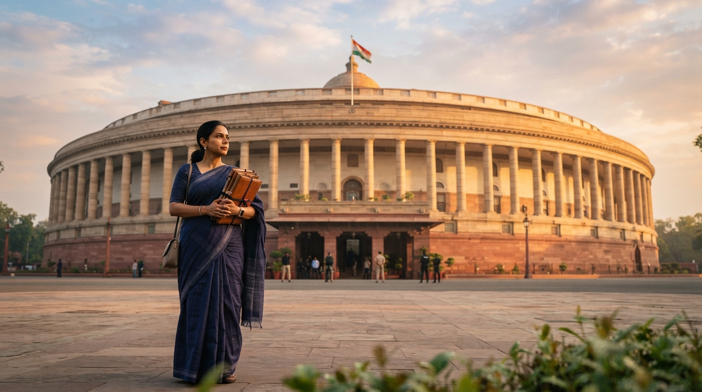 An Indian female lawmaker standing outside the historic Parliament building during morning golden hour.