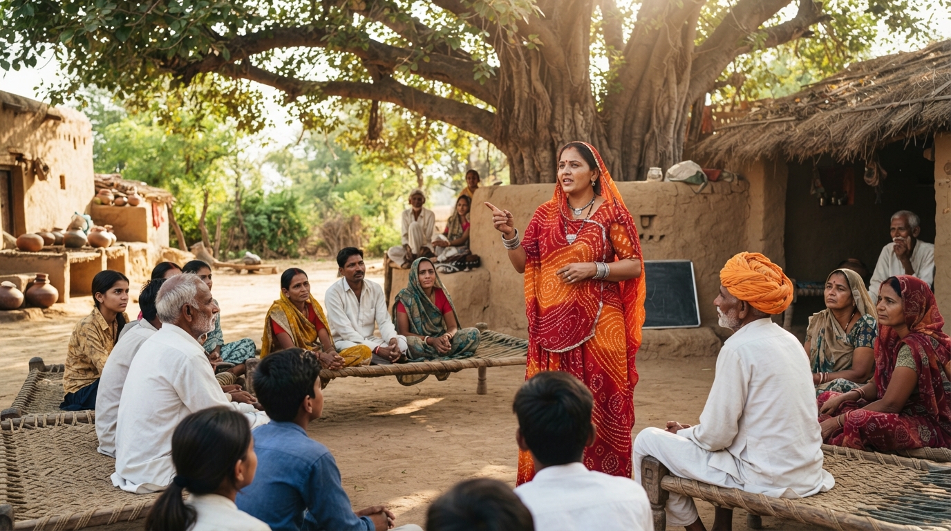 A female village leader addressing an attentive rural council meeting under a banyan tree.
