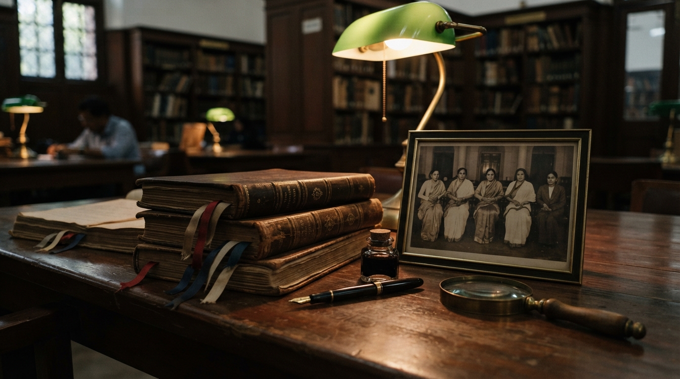 Archival historical documents, fountain pen, and vintage photographs representing early Indian constitutional history.
