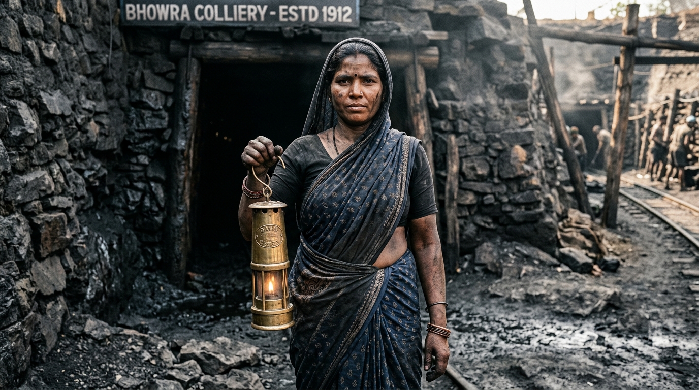 Portrait of a 1940s Indian female coal miner holding a vintage brass lantern.