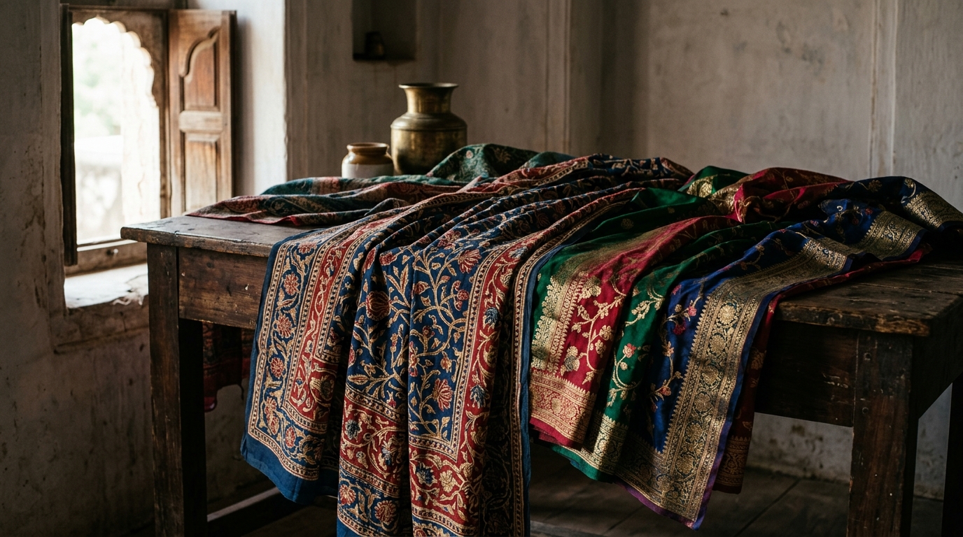 Vibrant ancient Indian textiles featuring intricate floral chintz patterns and rich jewel tones.