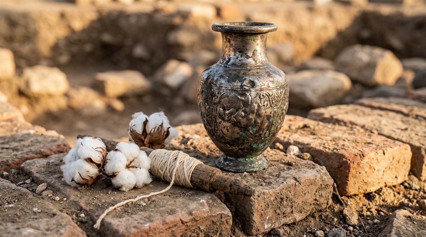 Ancient silver vase with raw cotton bolls and spun threads on terracotta bricks.