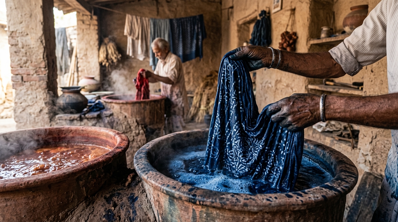 Artisan hands lifting patterned cotton fabric from a terracotta vat of blue indigo dye.