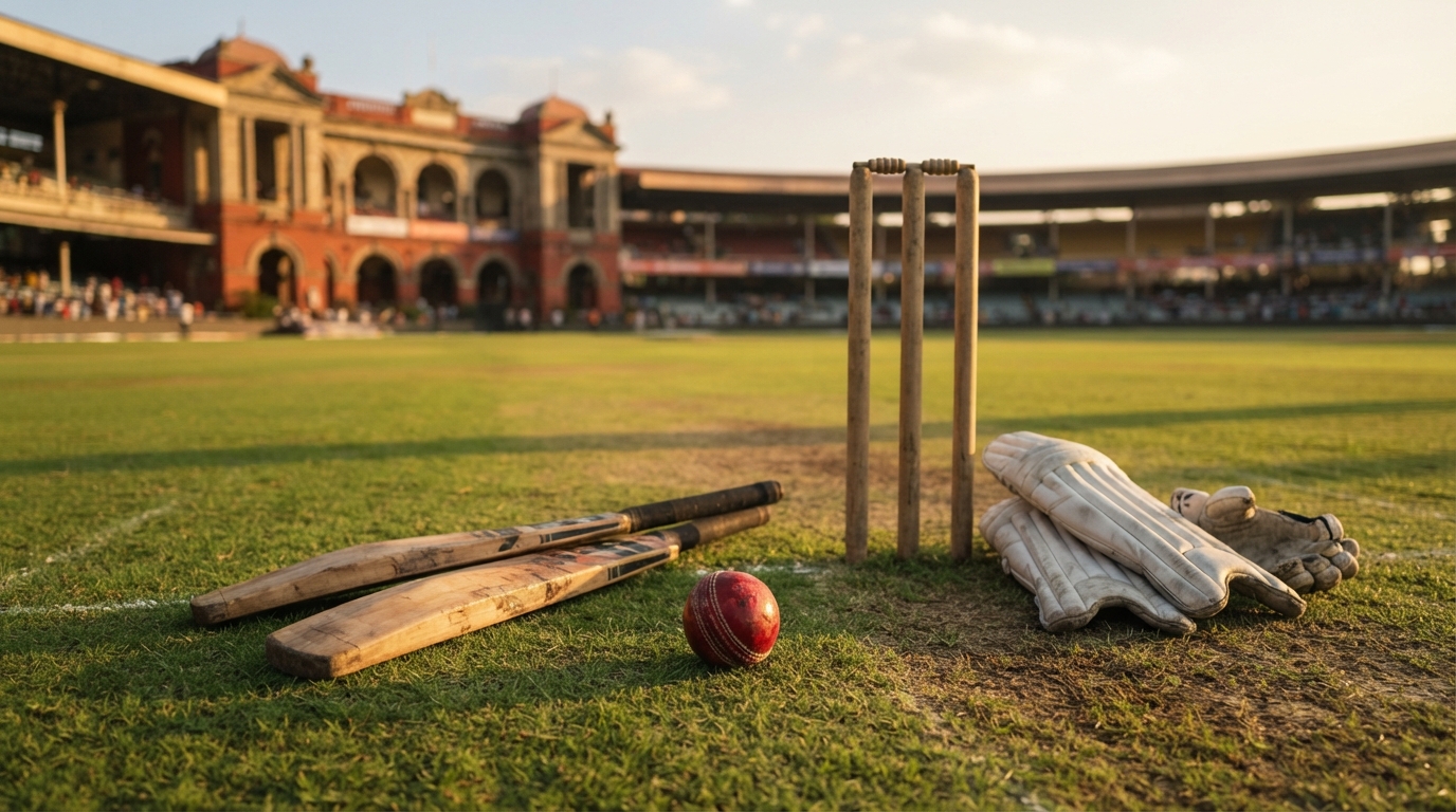 Classic cricket equipment resting on grass in front of an Indian cricket pavilion.