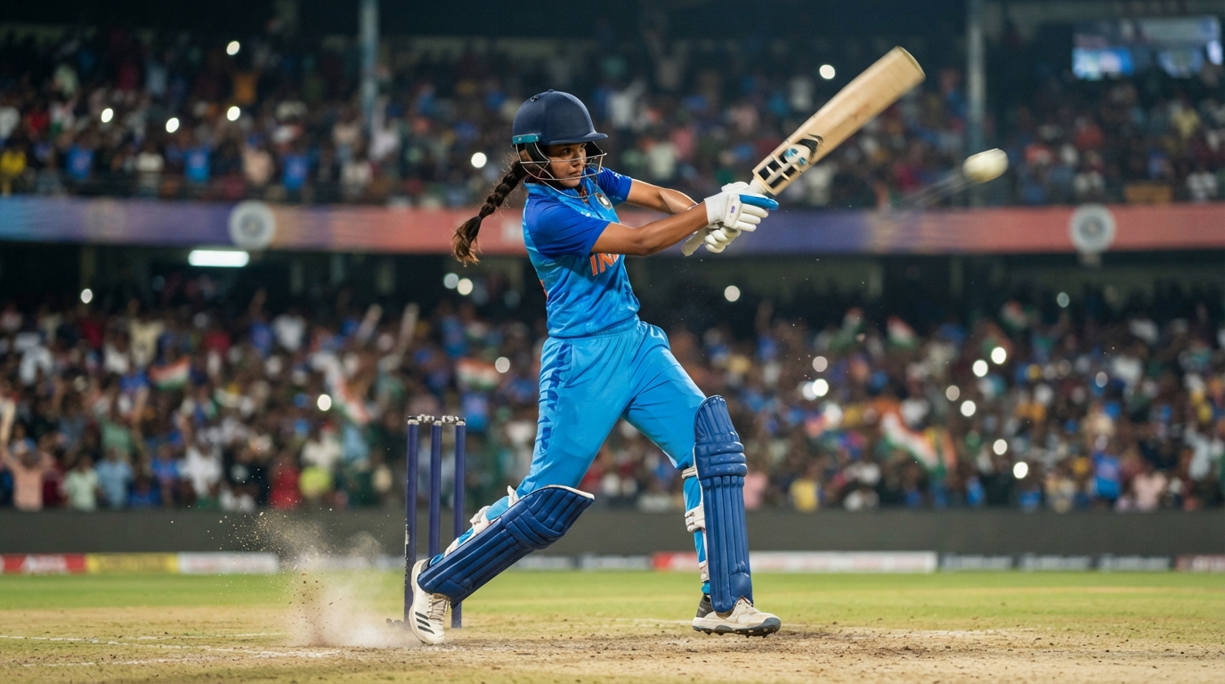 Young female cricketer playing a powerful batting shot under vibrant stadium floodlights.