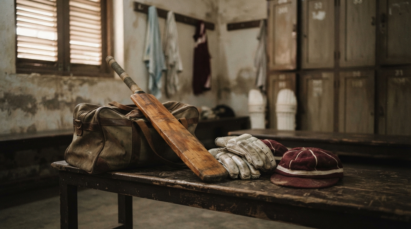 Traditional domestic cricket equipment and vintage kit inside a classic team dressing room.