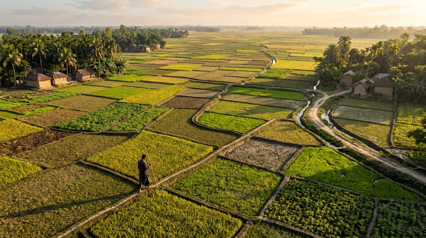 Aerial view of fragmented agricultural land parcels in rural Bengal highlighting colonial land divisions.