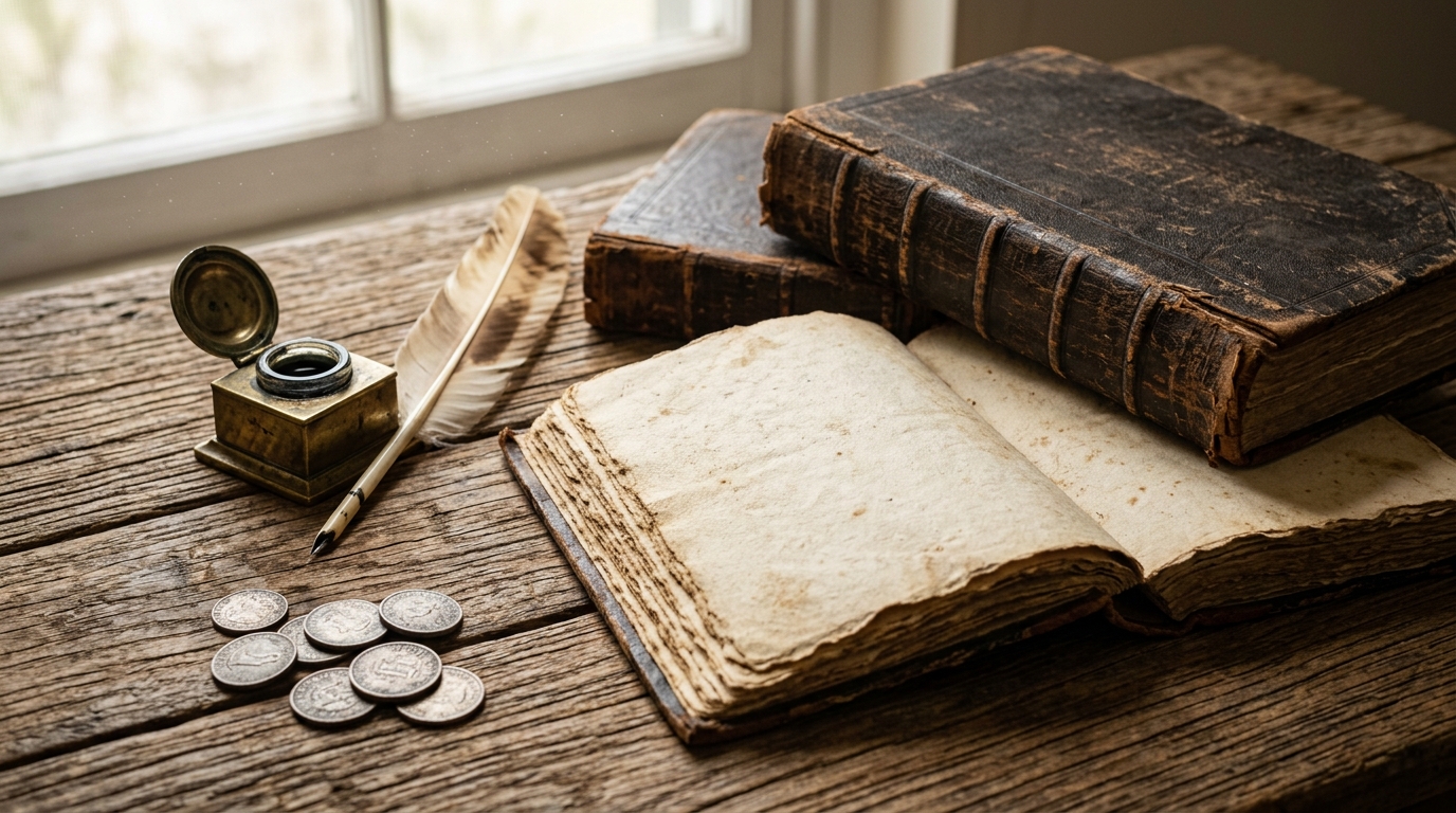 Antique 18th-century ledger books and silver coins representing British East India Company revenue records.