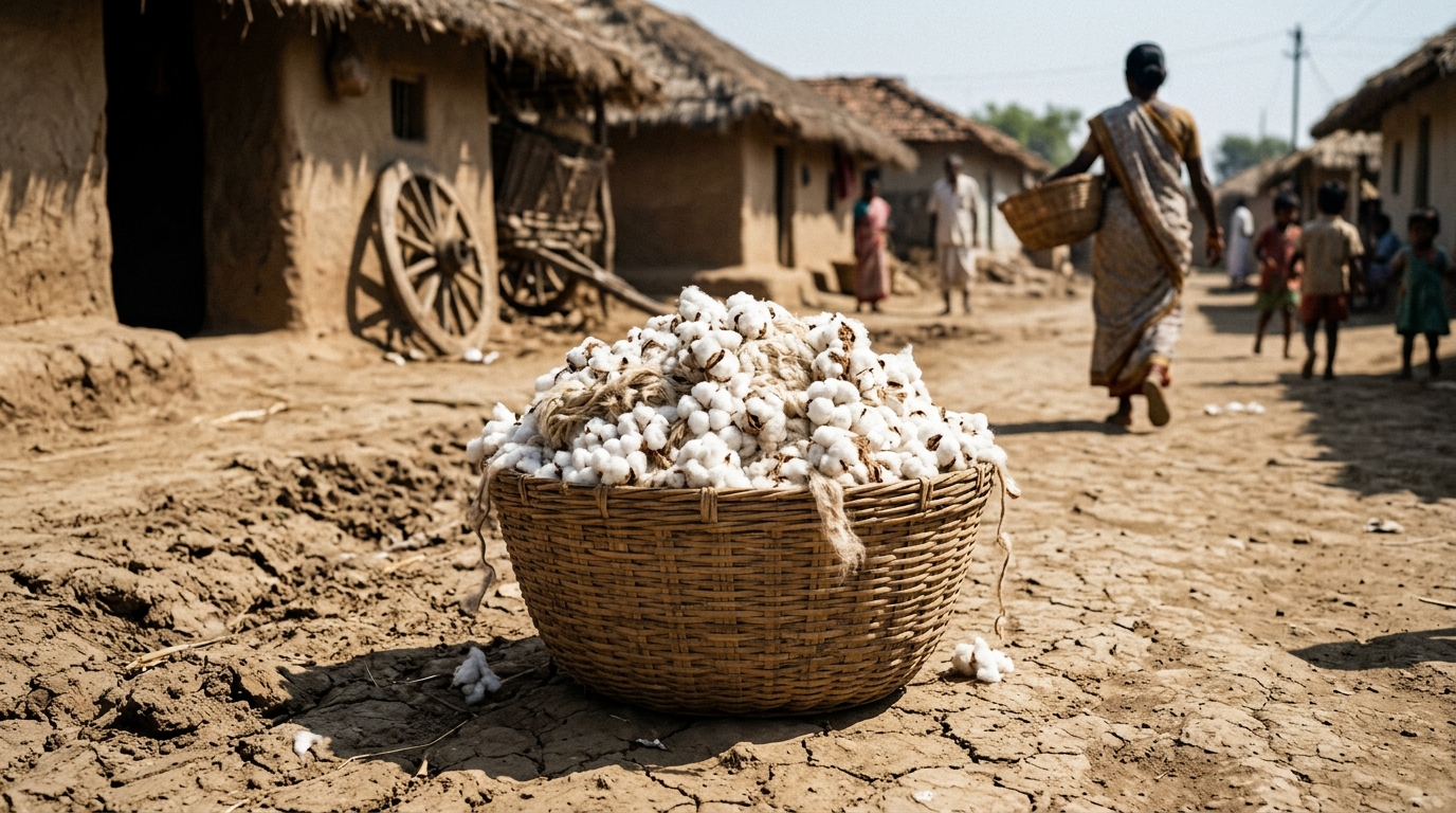 Woven basket of raw cotton bolls on dry earth illustrating colonial era cash crop farming.
